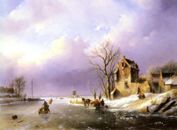Paysage d’hiver avec des personnages sur une rivière gelée Jan Jacob Coenraad Spohler Peinture à l'huile